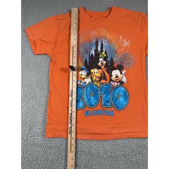 Disney T Shirt Kids Large 12 14 Orange‎ 2010 Fireworks Castle Mickey Mouse - Picture 6 of 7